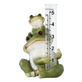 La Crosse frog rain gauge front view for accurate rainfall tracking in your garden.