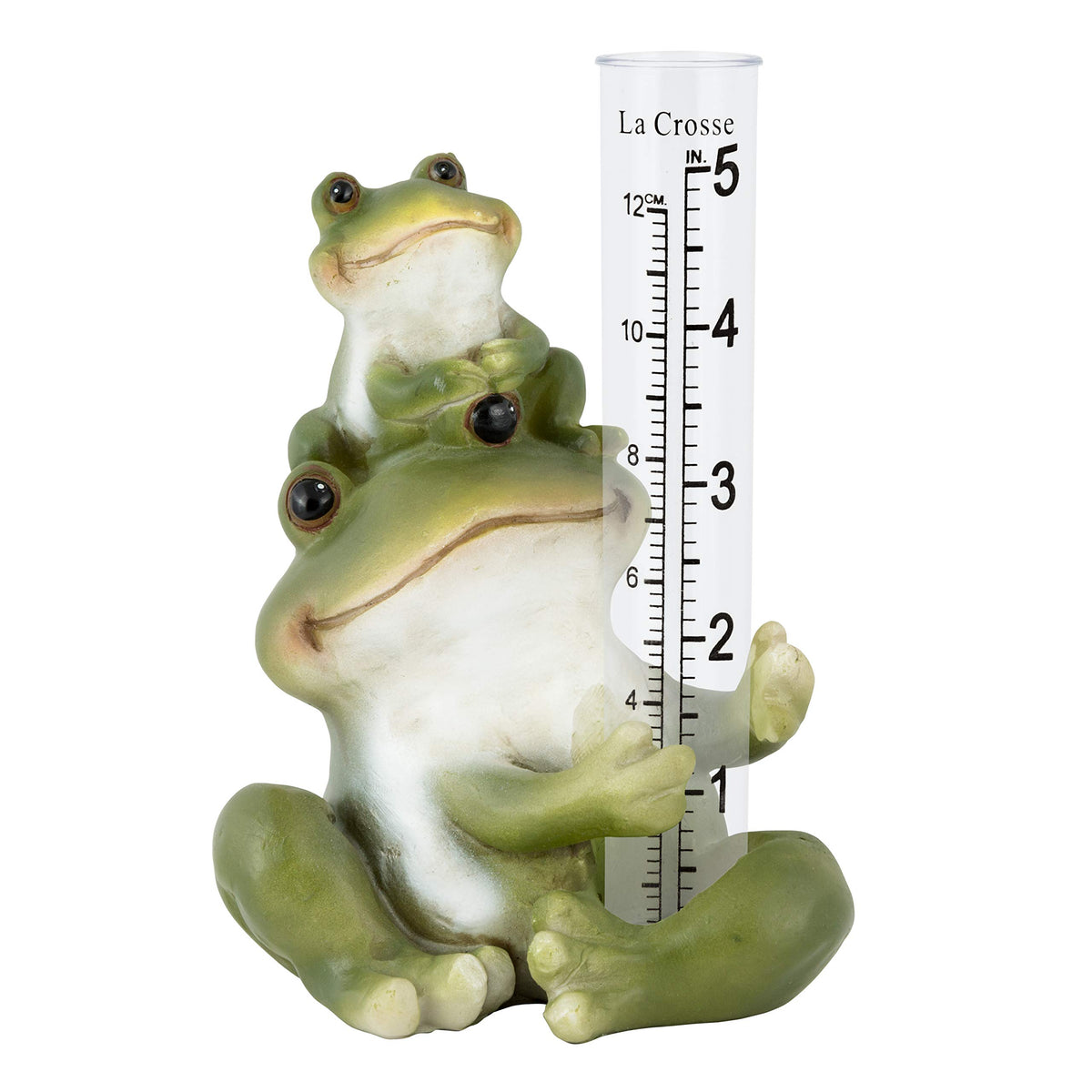 La Crosse frog rain gauge side view shows easy-fill design for garden or patio.