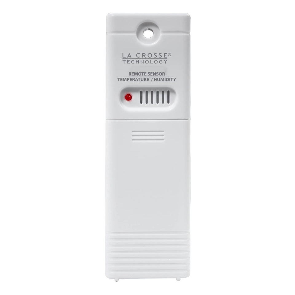 La Crosse outdoor temp-humidity sensor front view showing compact, weatherproof design