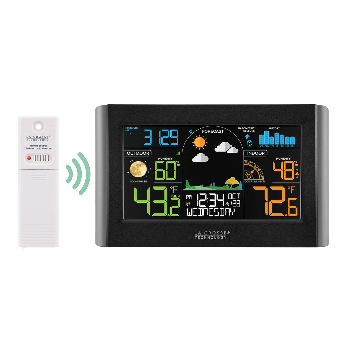 S77925-INT indoor-outdoor temps and humidity help monitor home comfort.