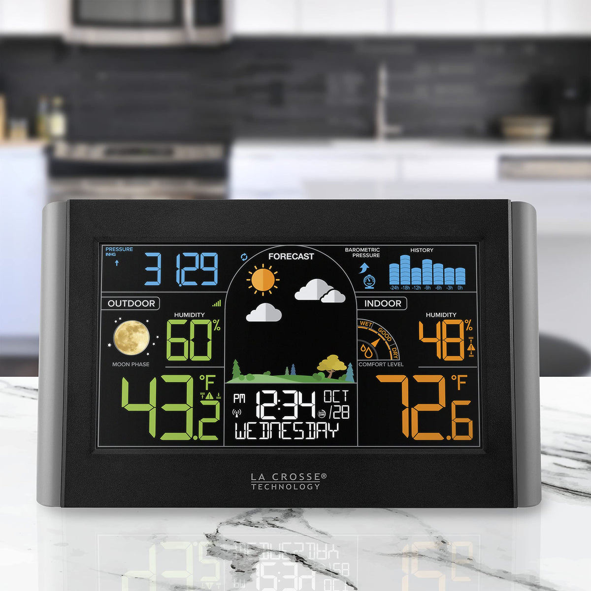 Seven time zones and language options tailor readings to your location.
