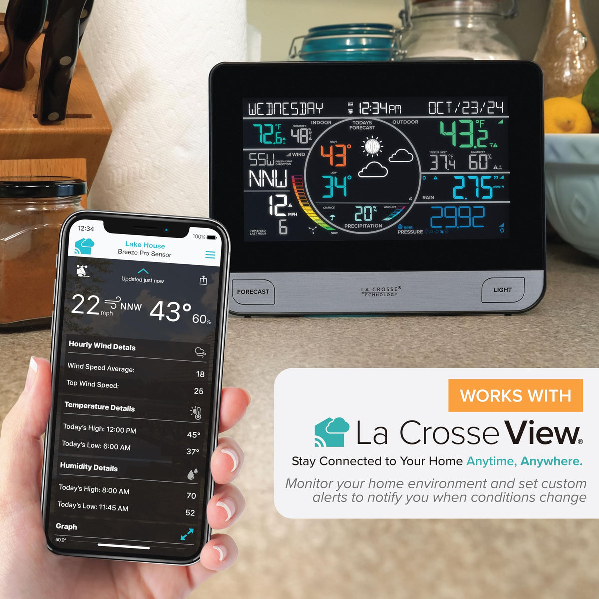 Front-facing La Crosse weather station showing indoor and outdoor readings.