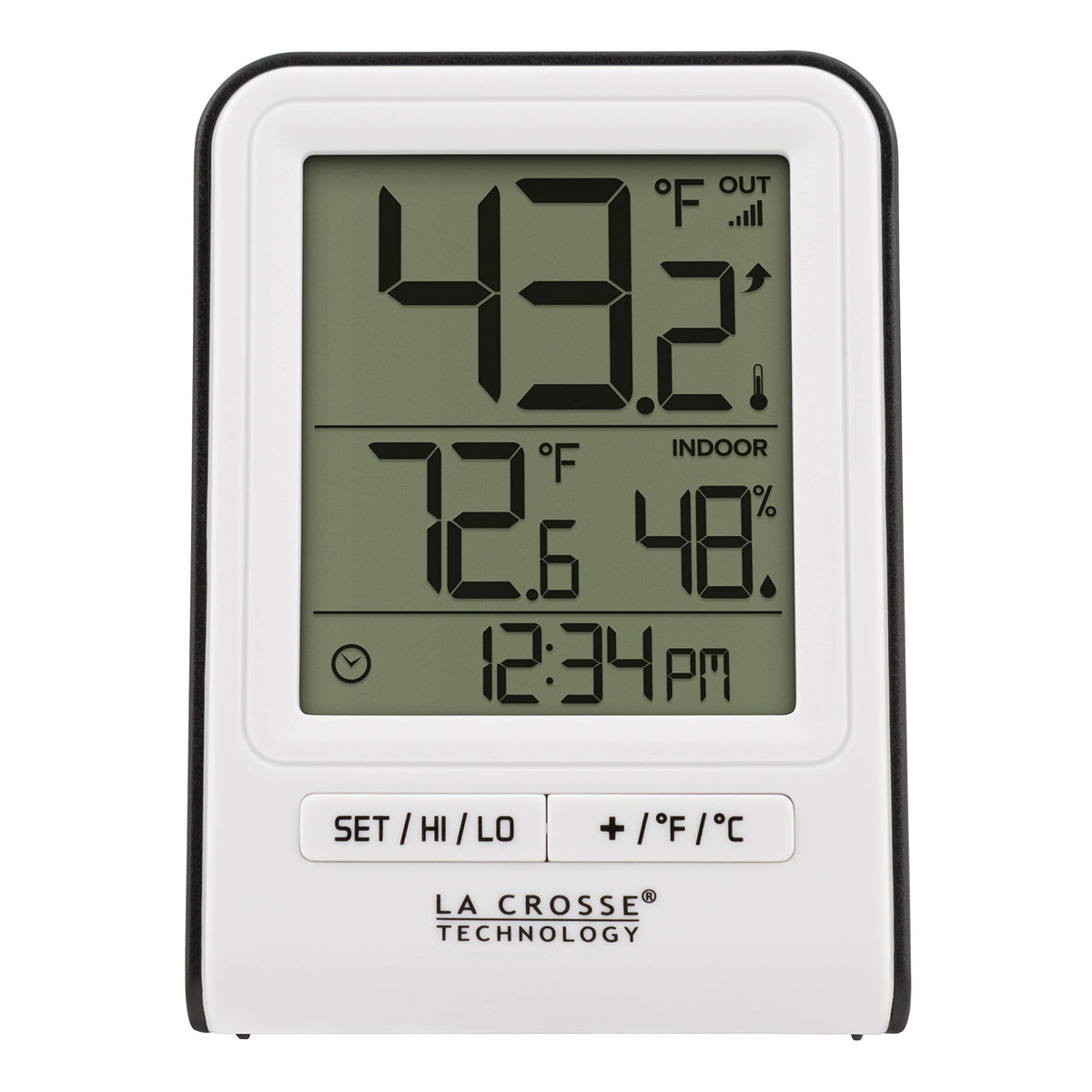 La Crosse Technology wireless temperature station front display shows indoor and outdoor readings at a glance.