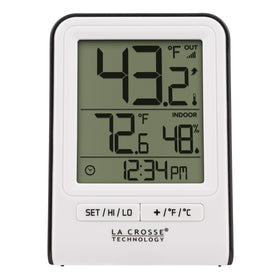 La Crosse Technology wireless temperature station front display shows indoor and outdoor readings at a glance.