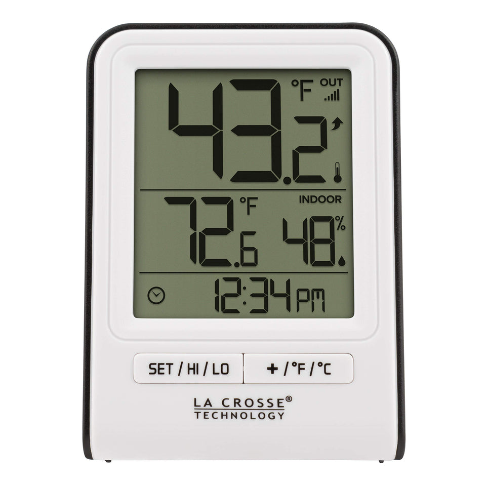 La Crosse Technology wireless temperature station front display shows indoor and outdoor readings at a glance.