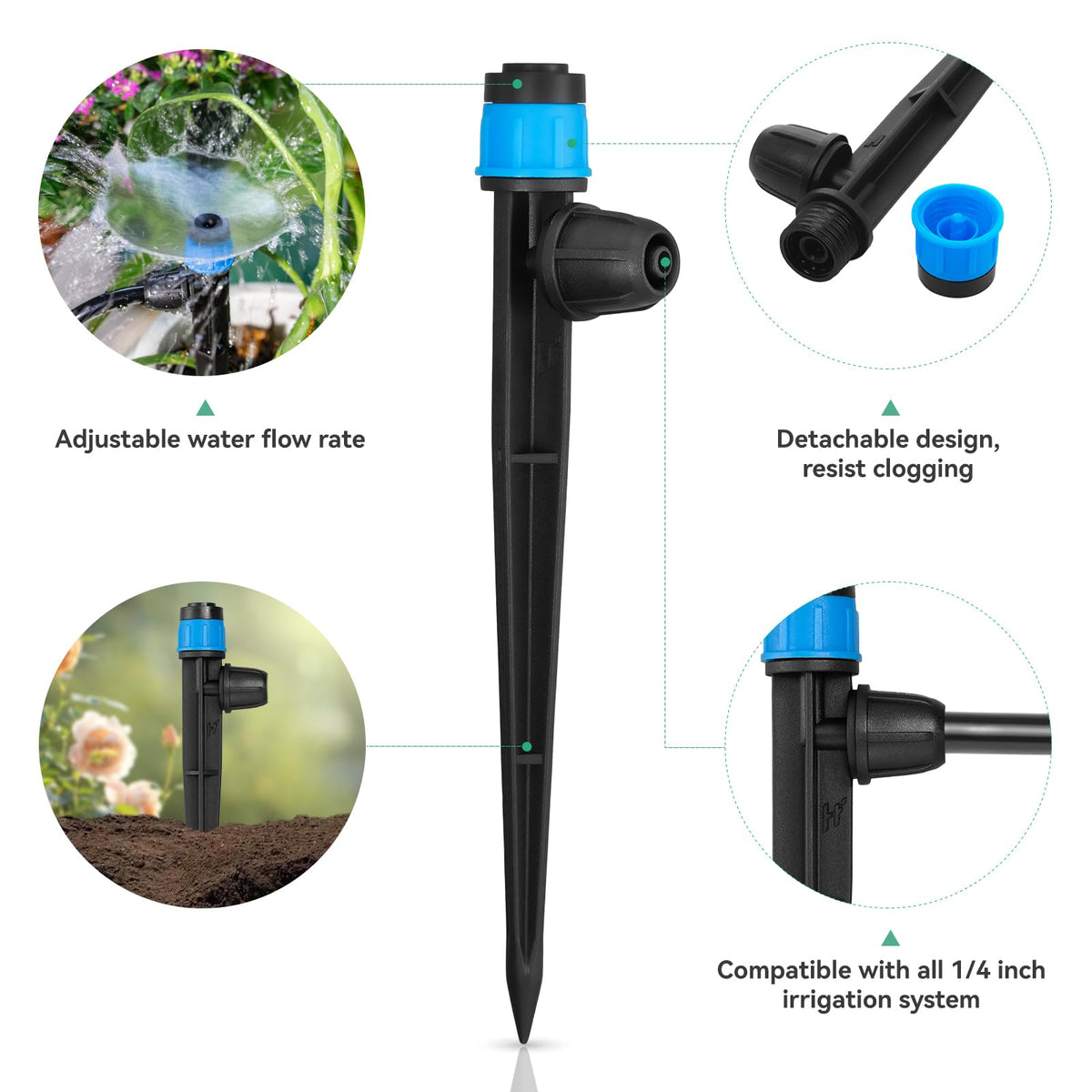 La Farah adjustable-cap for flow control and easy cleaning in garden irrigation.