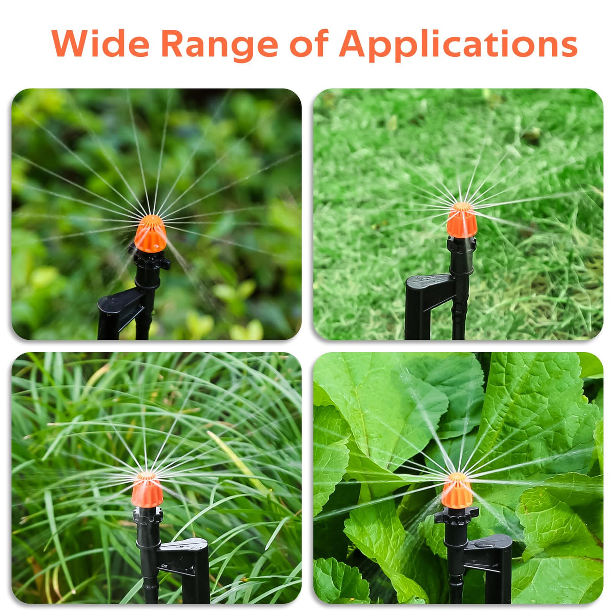 La Farah versatile sprinkler heads water flowers, vegetables, herbs, shrubs, and trees