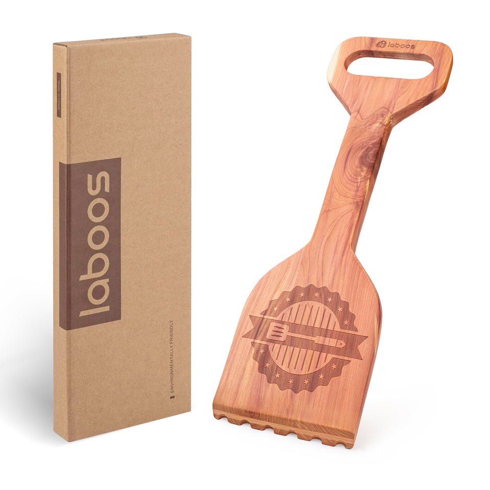 Laboos Premium Cedar Grill Scraper handle provides ergonomic grip for easy, safe cleaning.