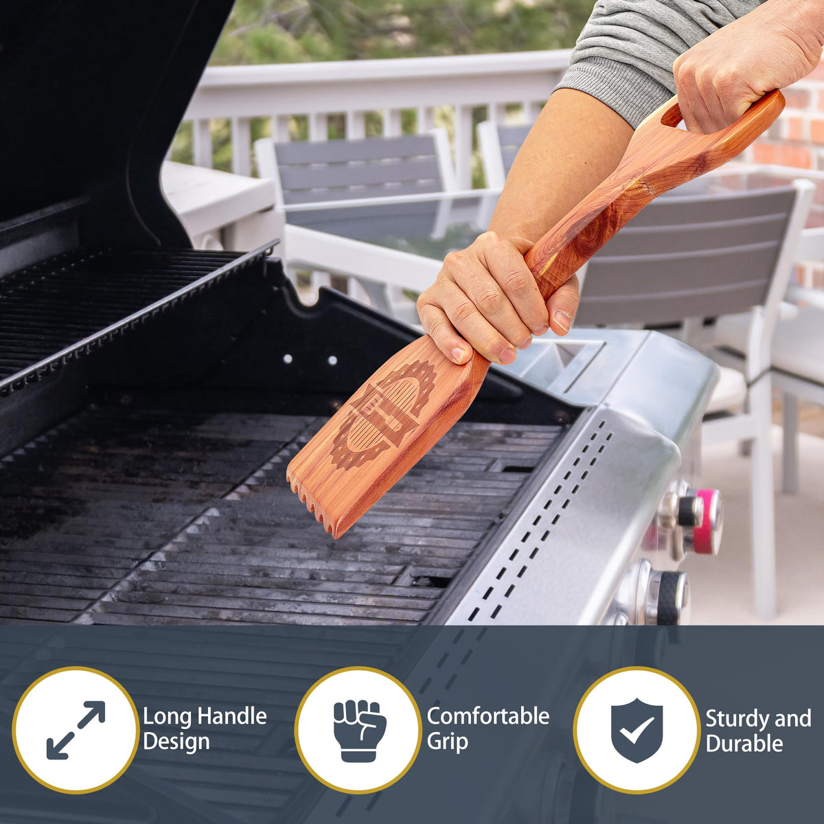 Laboos Cedar wood scraper offers bristle-free cleaning for grill safety.
