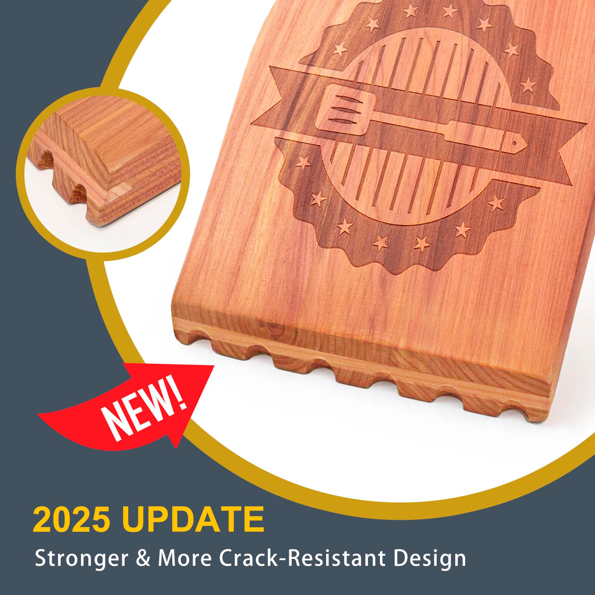 Laboos Premium Cedar Grill Scraper tip close-up shows reinforced edge for tougher residue.