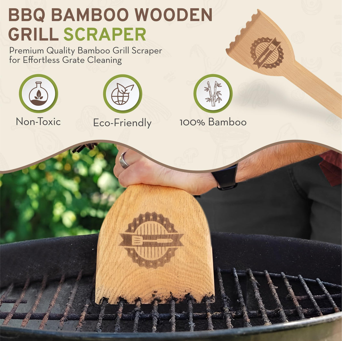 Laboos scraper in action on a Traeger grill demonstrating universal fit.