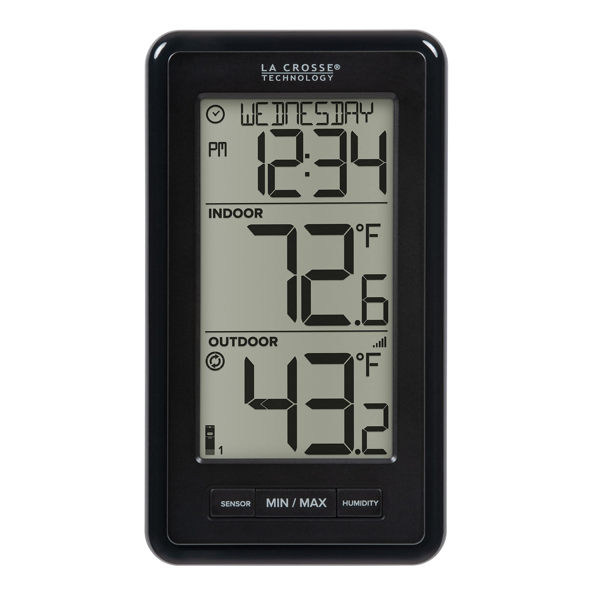 La Crosse 308-43647-INT front display shows indoor and outdoor temps for quick checks.