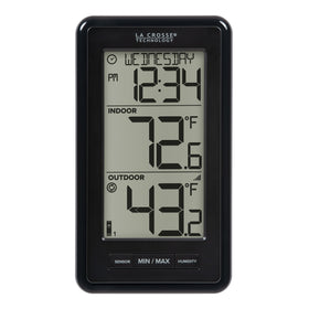 La Crosse 308-43647-INT front display shows indoor and outdoor temps for quick checks.