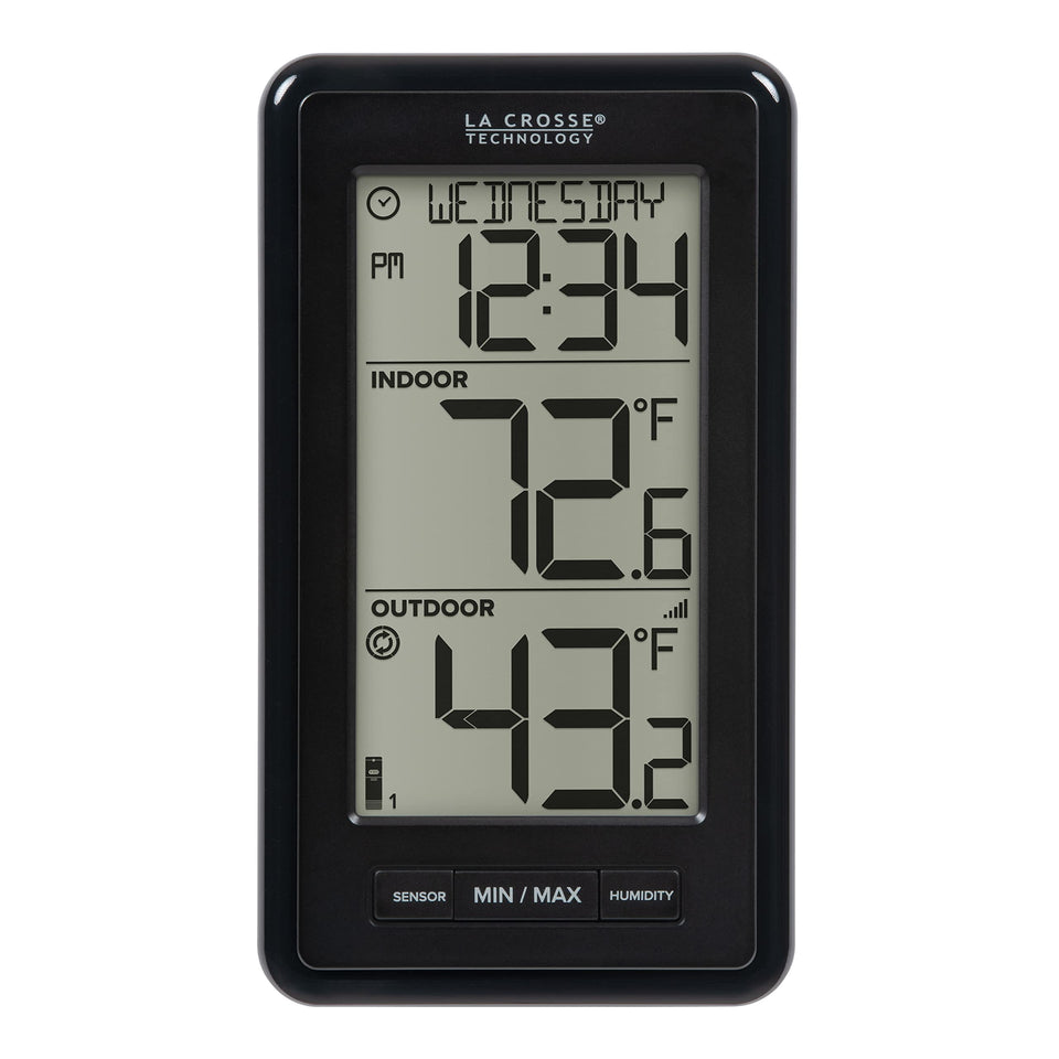 La Crosse 308-43647-INT front display shows indoor and outdoor temps for quick checks.