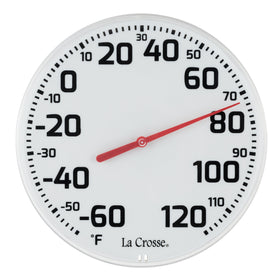 La Crosse 8-inch round thermometer front view for clear indoor/outdoor readings.