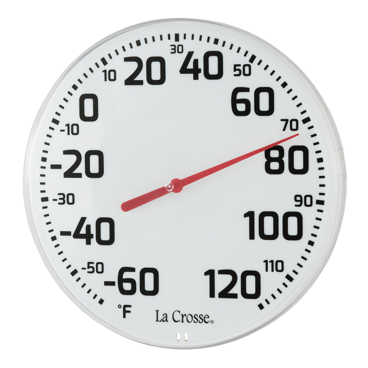 La Crosse analog dial with red arrow allows quick temperature checks.
