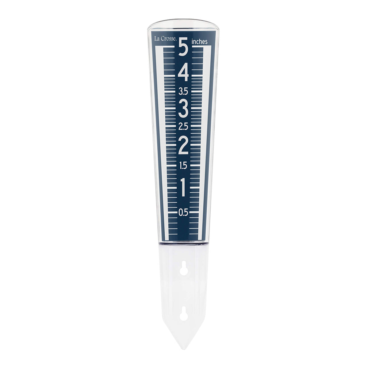 La Crosse rain gauge with magnifying acrylic face improves readability from distance.