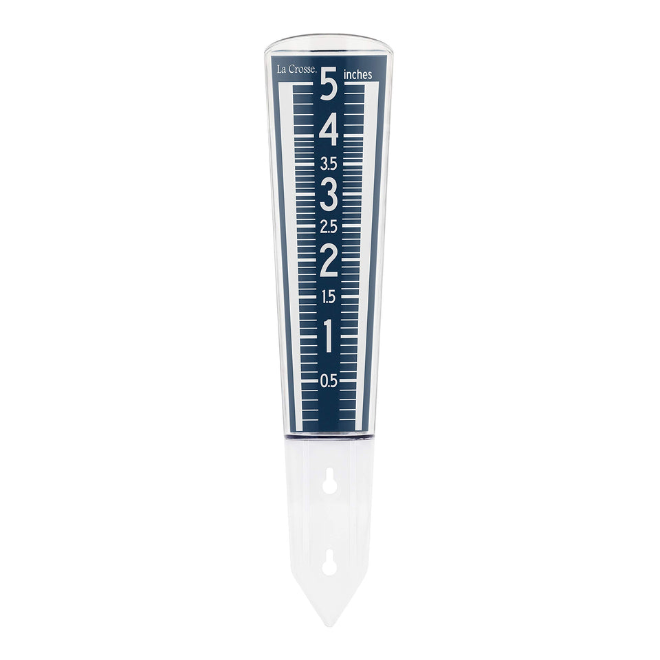 La Crosse rain gauge with magnifying acrylic face improves readability from distance.