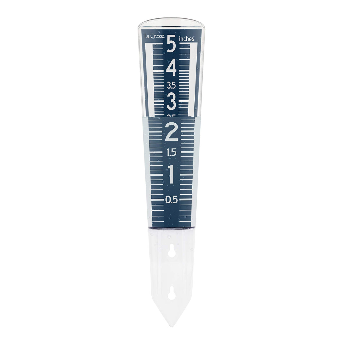 La Crosse rain gauge navy blue body designed for durable outdoor use.