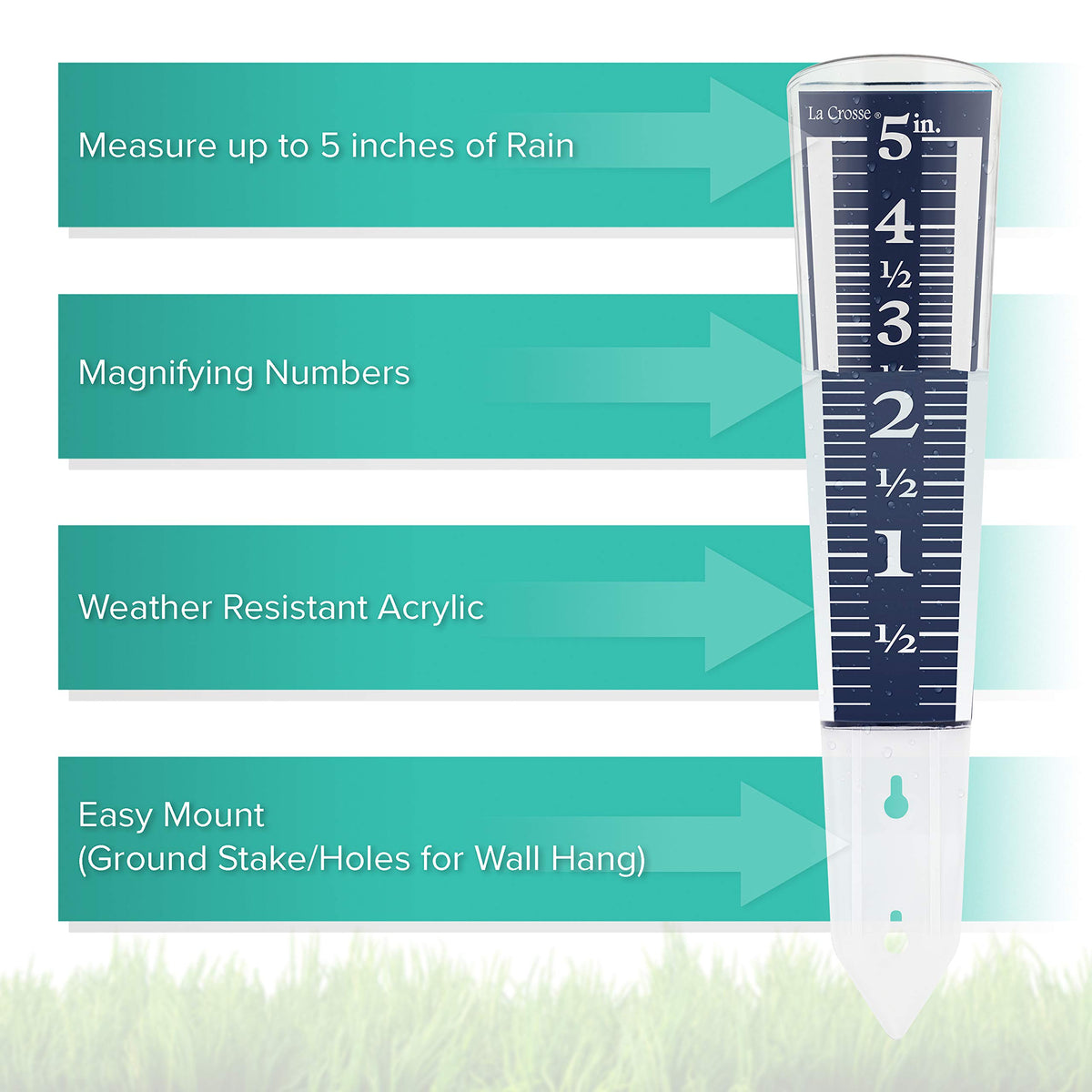 La Crosse rain gauge mounted on a post for easy yard rainfall monitoring.