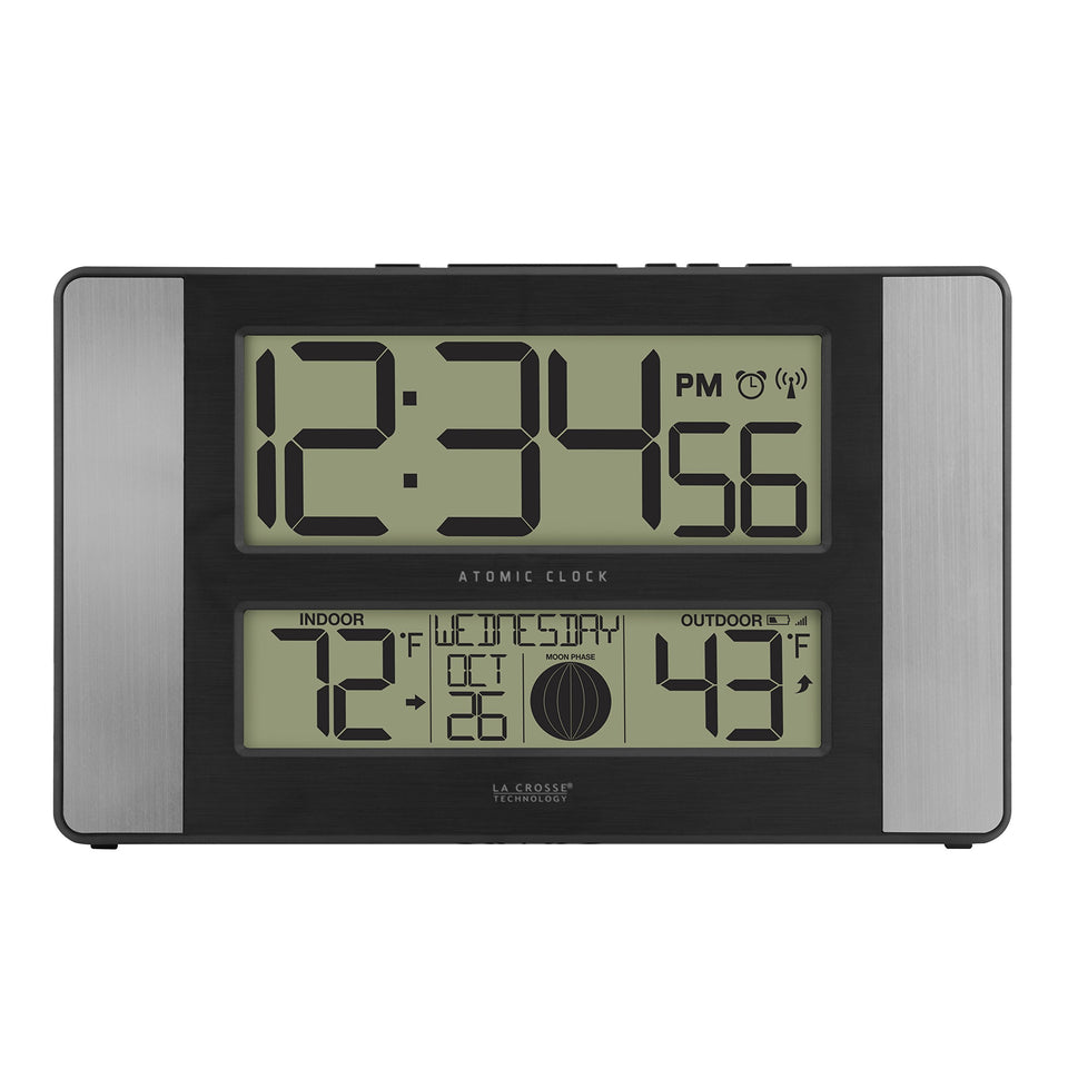 La Crosse 513-1417AL-INT atomic clock front view with large LCD display.
