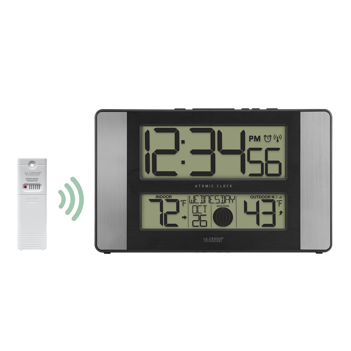 La Crosse 513-1417AL-INT display featuring calendar and moon phase icons.