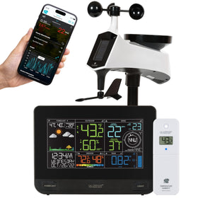 La Crosse Technology weather station main display shows color forecast for quick planning.