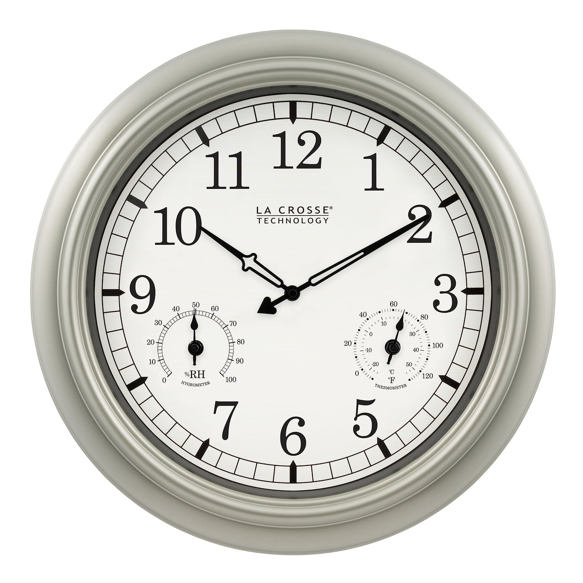 La Crosse WT-3181PL-Q 18 inch dial viewed on a wall for quick time check.