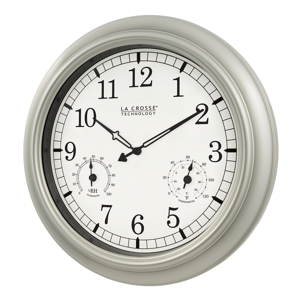 La Crosse WT-3181PL-Q clock with pewter frame and large dial for easy reading.