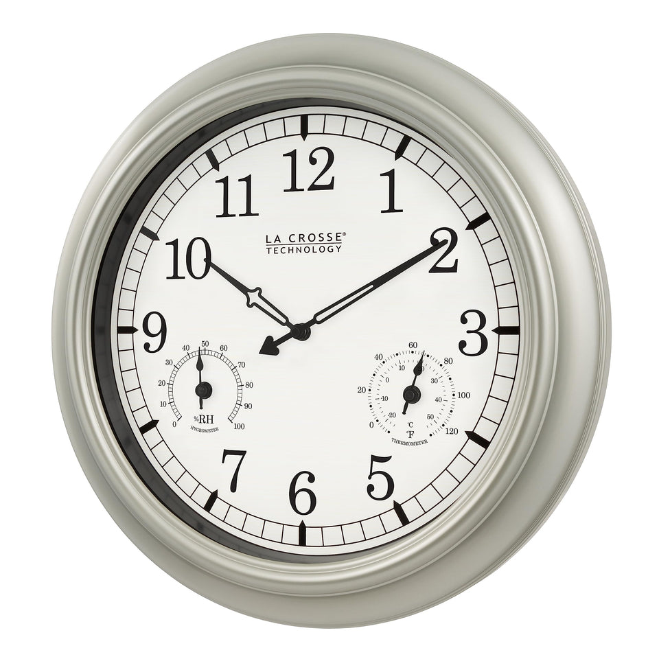 La Crosse WT-3181PL-Q clock with pewter frame and large dial for easy reading.
