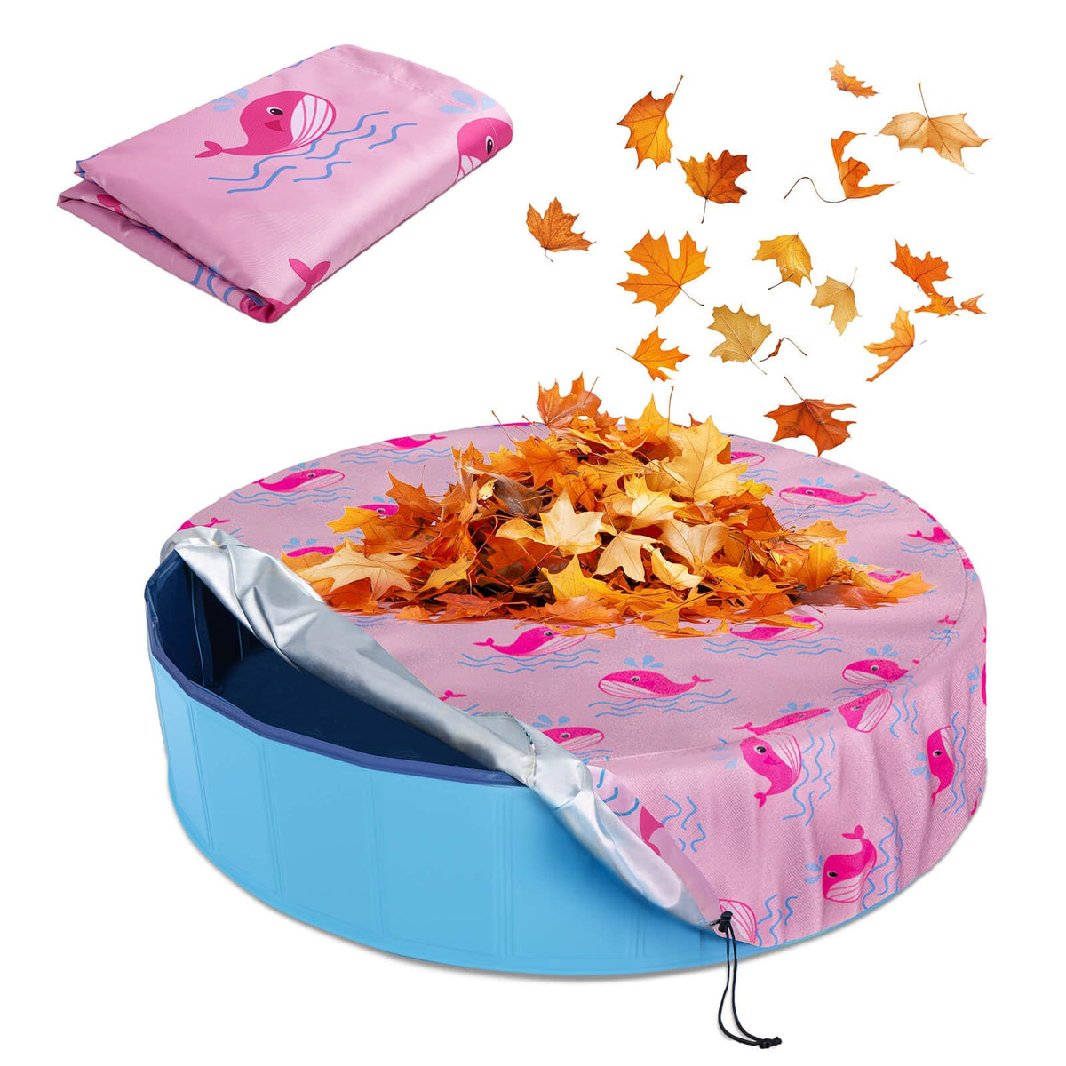 Ladadee foldable dog pool cover on a 32-inch pool with secure drawstring for wind resistance