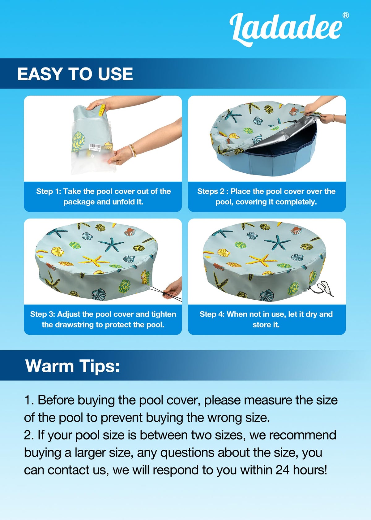 Ladadee PVC-coated pool cover highlights durable waterproof layer.