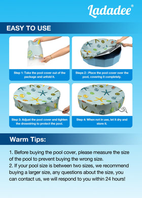 Ladadee PVC-coated pool cover highlights durable waterproof layer.