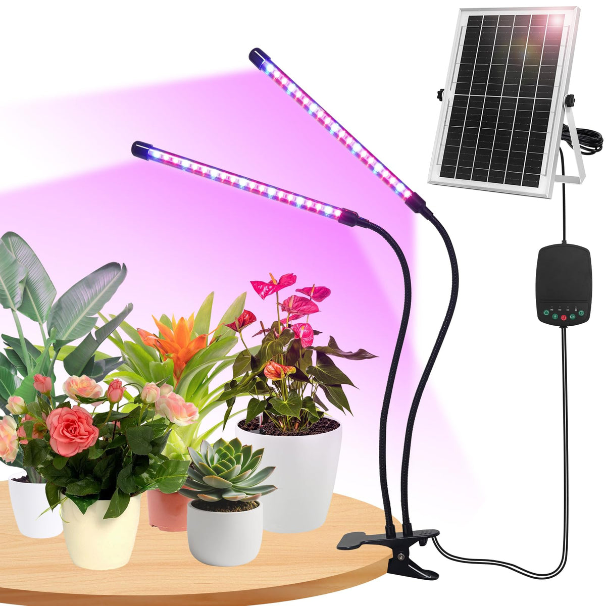 Ladate solar grow light with two clip-on heads for precise indoor lighting.
