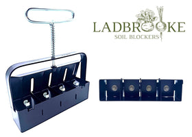 Ladbrooke Mini 4 ejection handle shown for clean release of soil blocks.