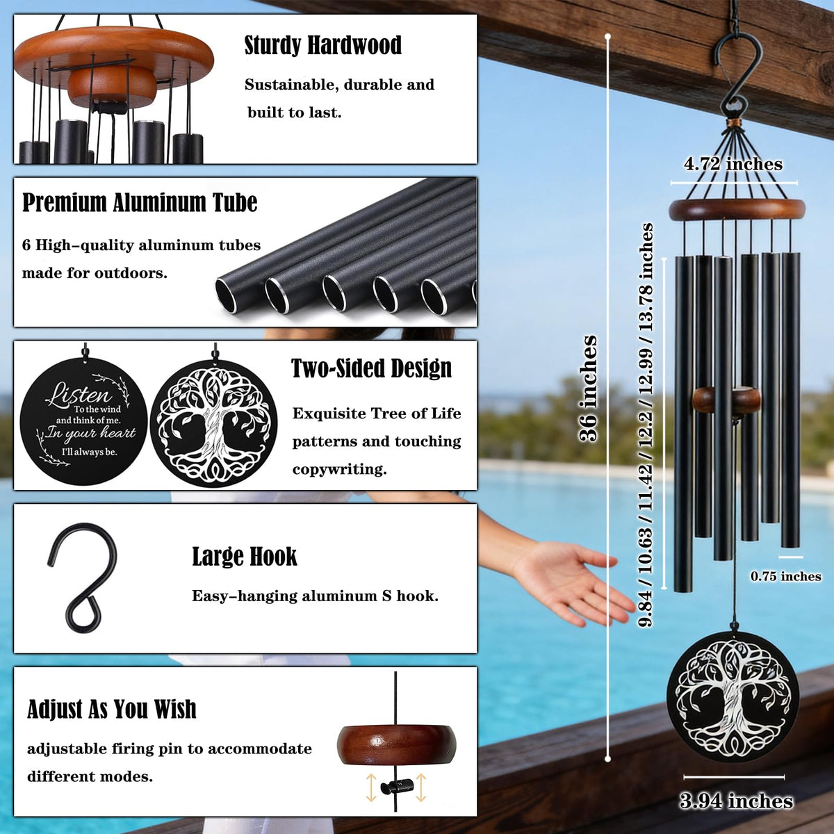 Lae Nuvole black aluminum tubes provide durable, resonant outdoor sound.