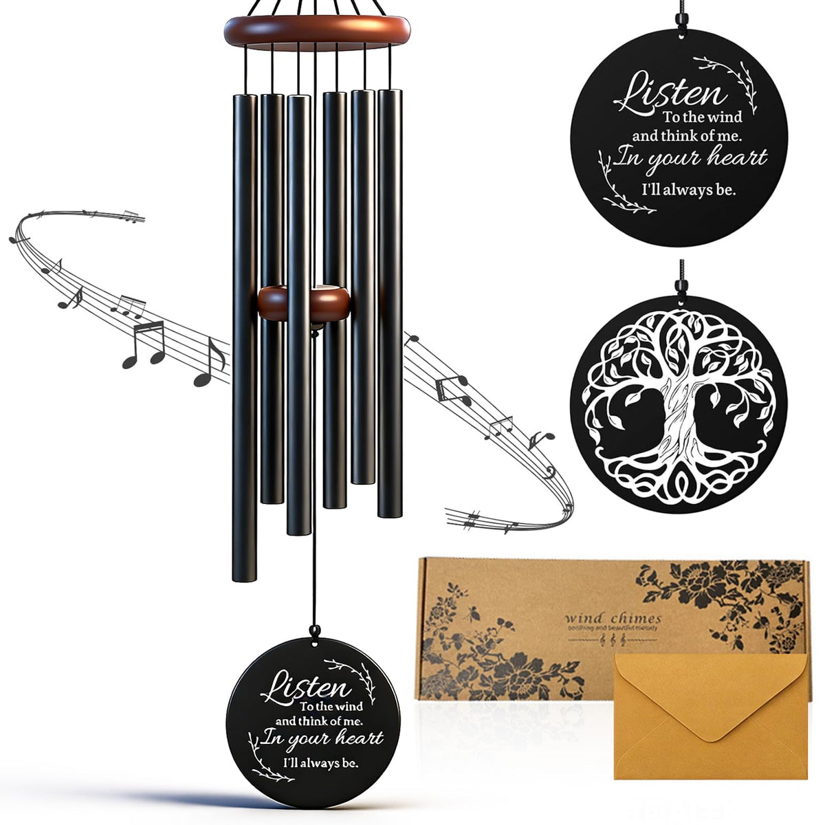Lae Nuvole life tree engraved plaque enhances outdoor memorial wind chime.