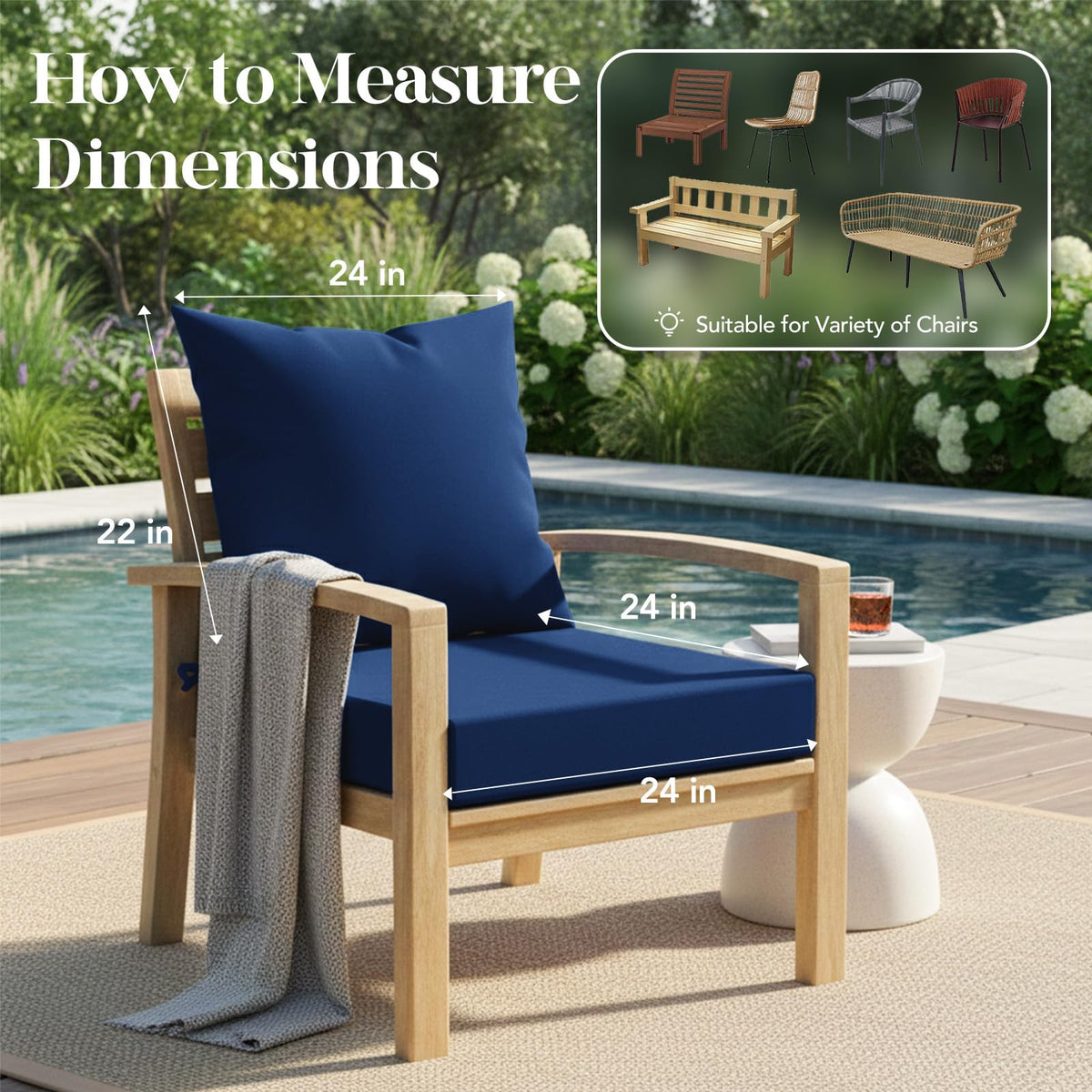 L'AGRATY navy cushions include two straps and a carry handle for easy setup.