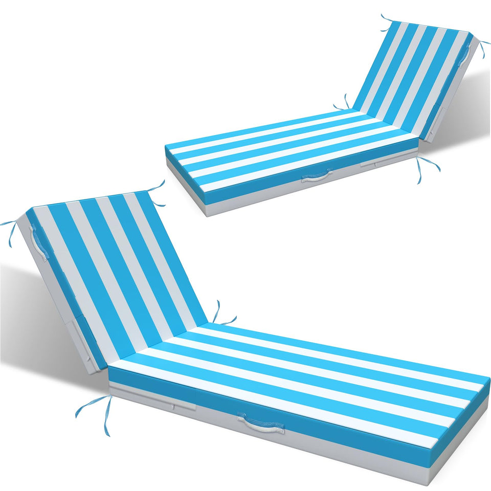 L'AGRATY blue-white outdoor chaise cushion front view for poolside comfort.