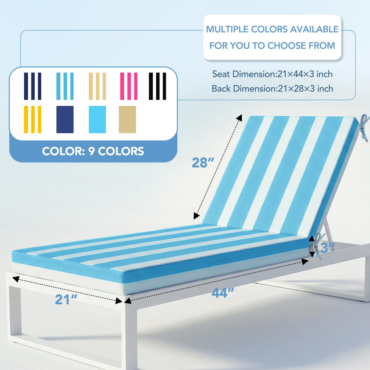 L'AGRATY blue-white cushion side view showing sturdy straps for secure placement.