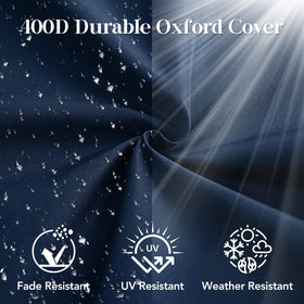 L'AGRATY waterproof fabric navy cushions resist spills and sun fade.