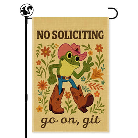 LAGZDFC Go Away garden flag on front porch with playful Western frog design.
