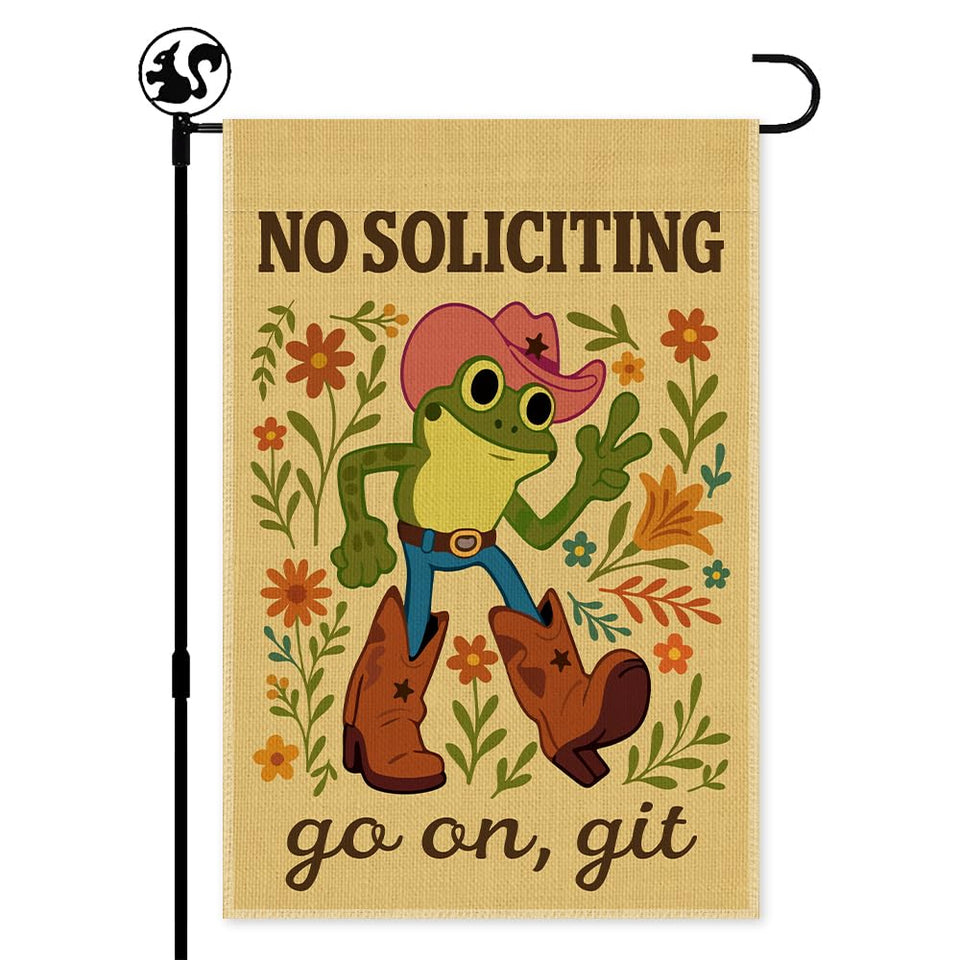 LAGZDFC Go Away garden flag on front porch with playful Western frog design.