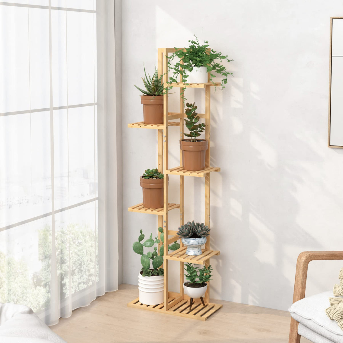Laiensia 6-tier bamboo stand front view showcasing organized plants.