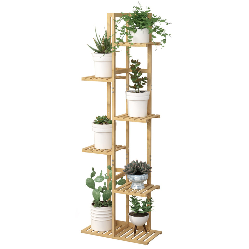 Laiensia 6-tier bamboo stand side view for space-saving indoor display.