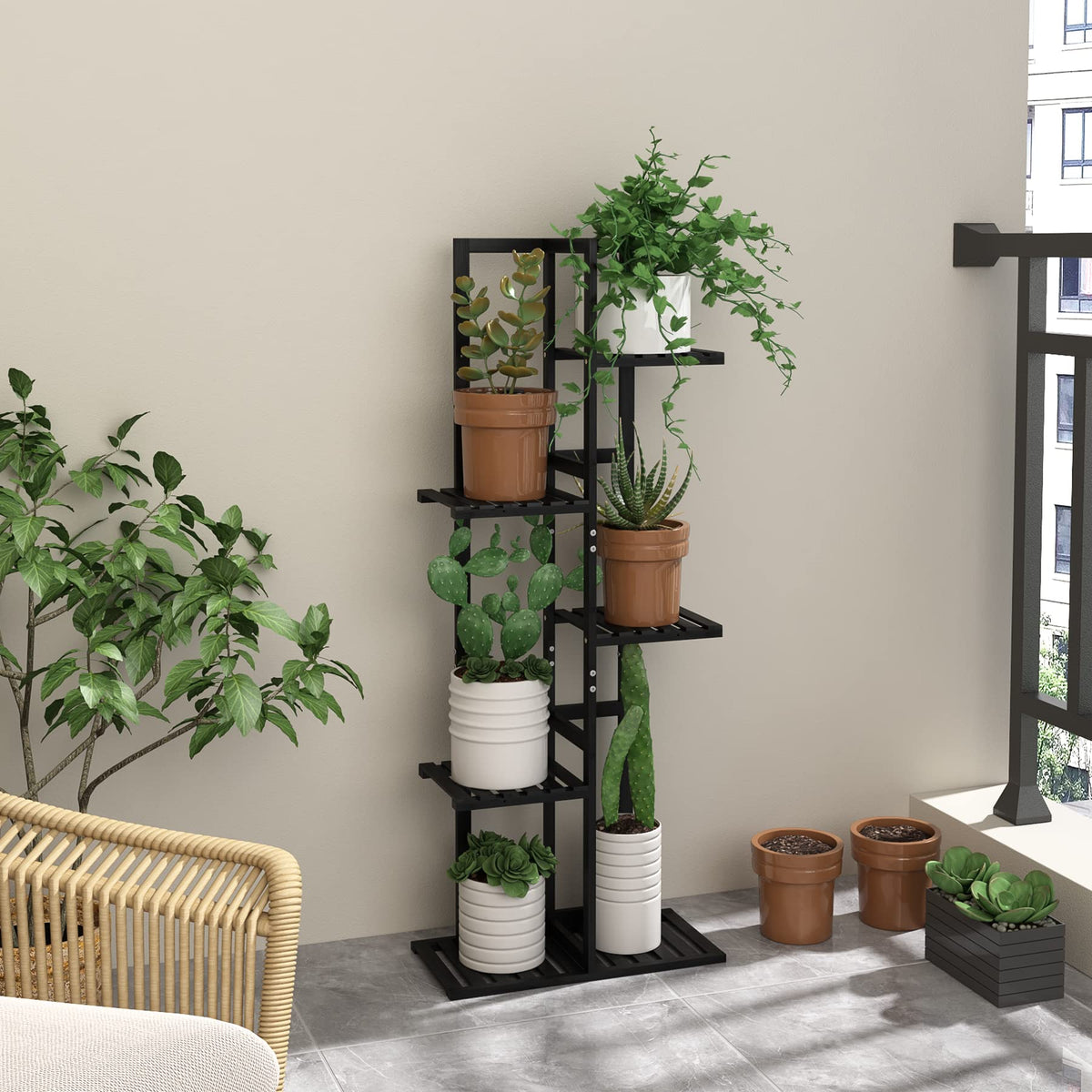 Laiensia 5-tier bamboo stand in indoor corner for space-efficient display.