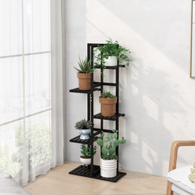 Laiensia 5-tier bamboo stand displays plants on multiple levels for decor.