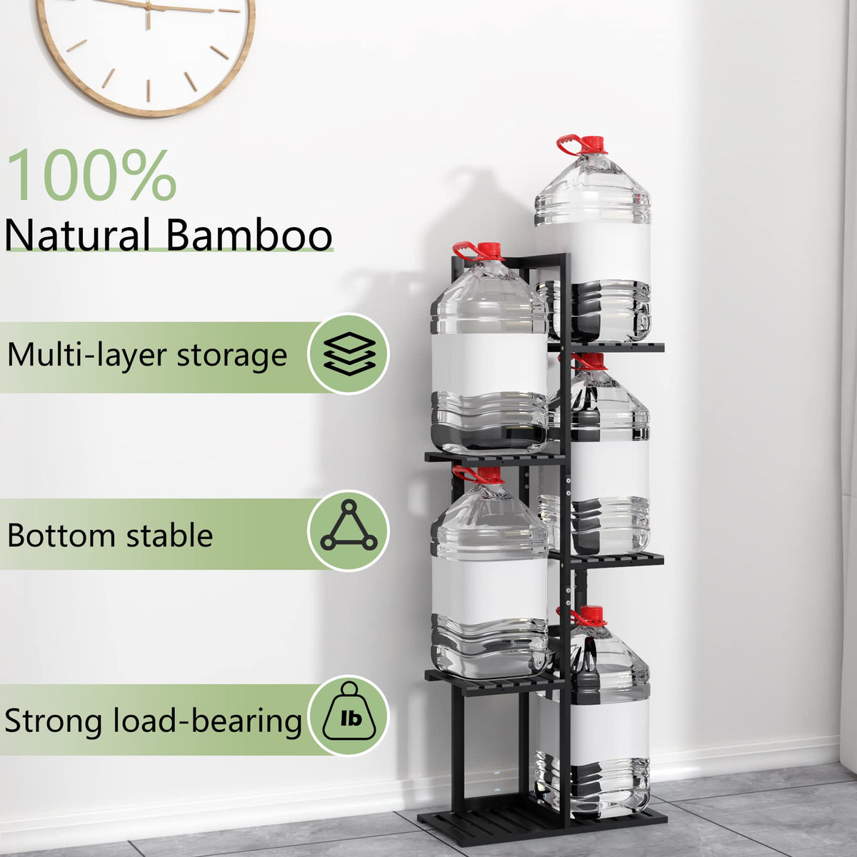 Laiensia 5-tier bamboo stand with waterproof varnish finish.