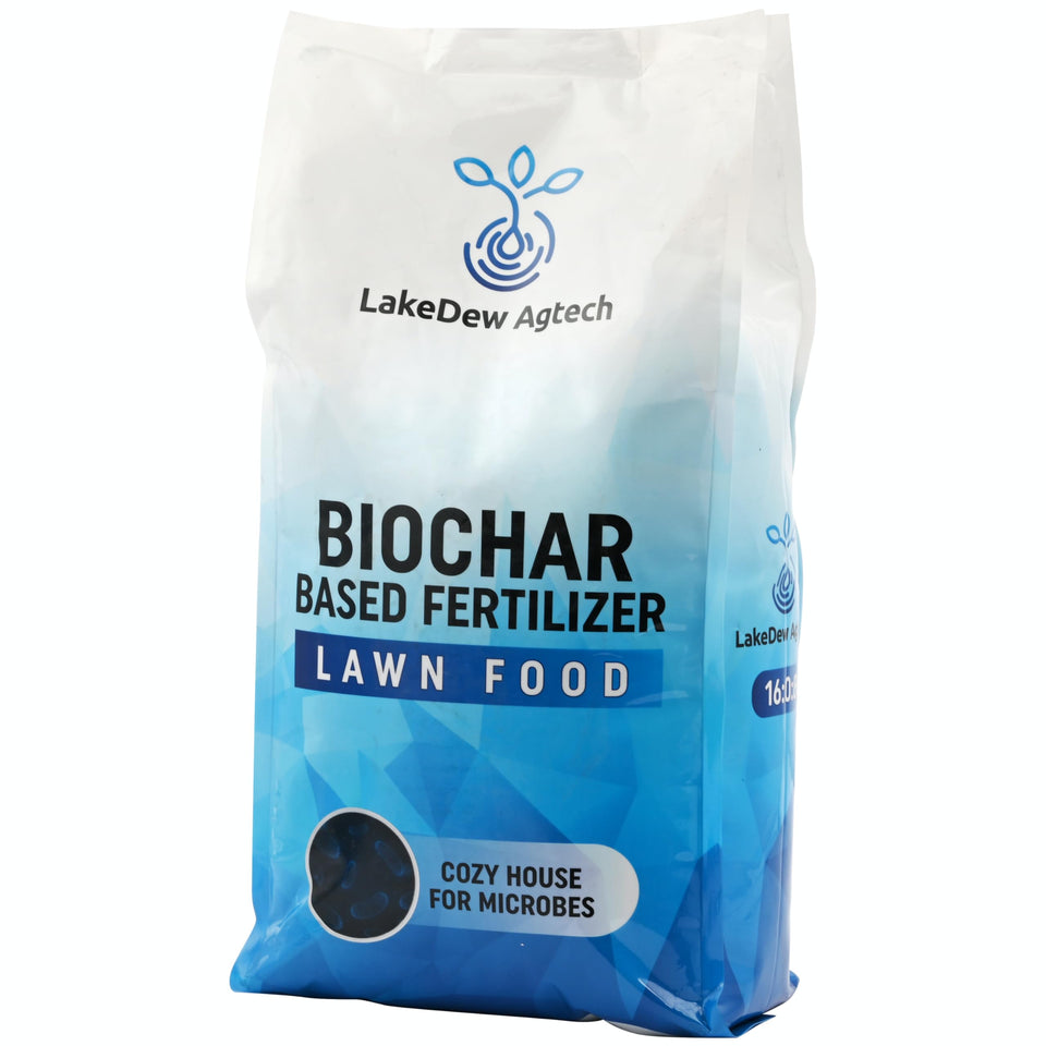 LAKEDEW Biochar Lawn Fertilizer bag front highlights eco-friendly nutrients for soil health