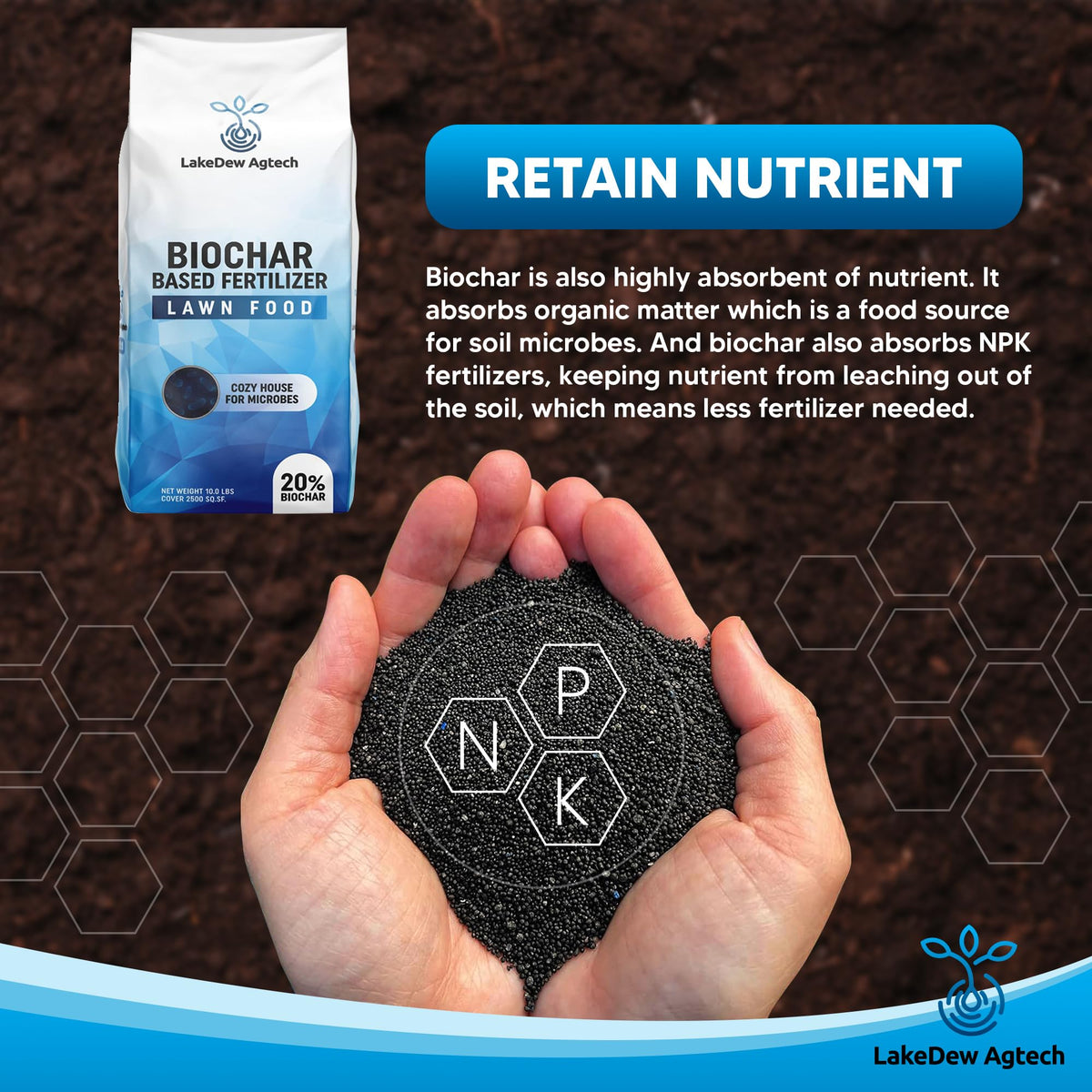LAKEDEW Biochar Lawn Fertilizer promotes moisture retention in dry soil